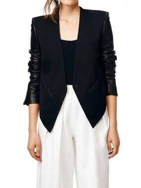 Helmut Lang Collarless Blazer Jacket with Leather Sleeves - Size 4